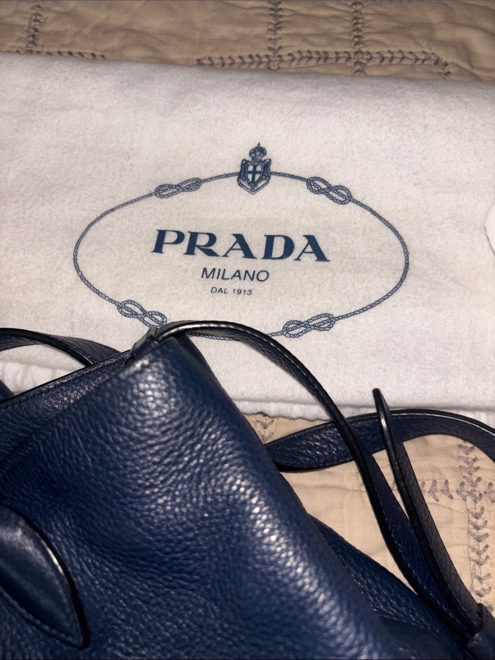 Prada Navy Leather Tote with Gold Logo Detail - Picture 9 of 10